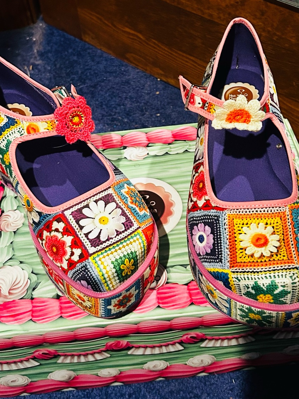 Colorful Floral Crochet Mary Jane Platform Shoes - Pink